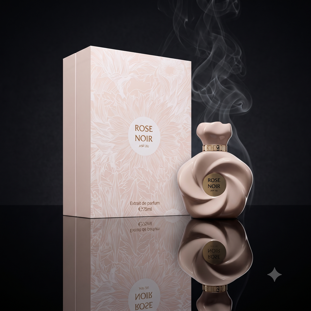 Atmosphère mystérieuse et luxueuse autour du parfum Rose Noir, boutique NEWREINE à Lyon.