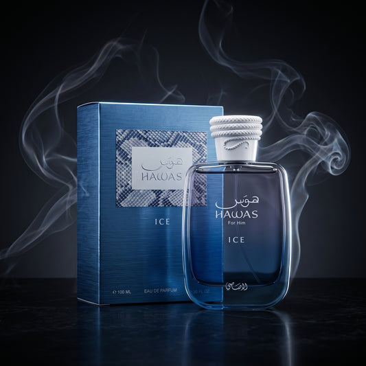 Parfum Hawas Malibu de Rasasi mis en valeur dans une ambiance lumineuse et sobre.
