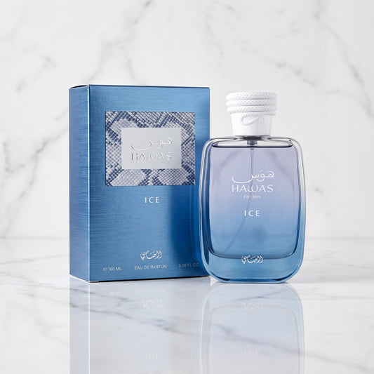 Flacon du parfum oriental Hawas Malibu par Rasasi chez NEWREINE Lyon.