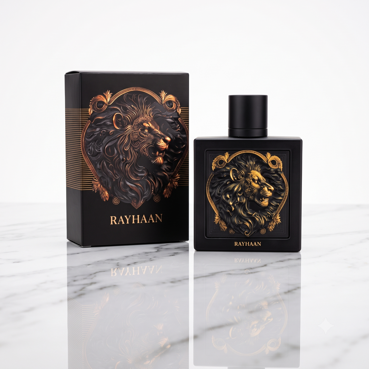 Flacon doré du parfum Lion de Rayhaan, parfumerie orientale haut de gamme.