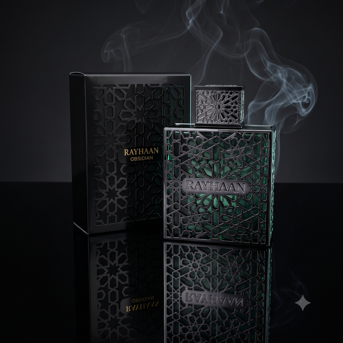 Mise en scène luxueuse et sombre du parfum Obsidian de Rayhaan.