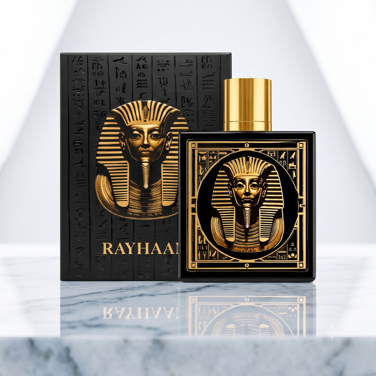 Flacon élégant du parfum Pharaoh de Rayhaan, essence orientale prestigieuse.