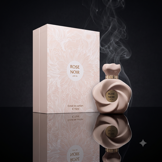 Atmosphère mystérieuse et luxueuse autour du parfum Rose Noir, boutique NEWREINE à Lyon.