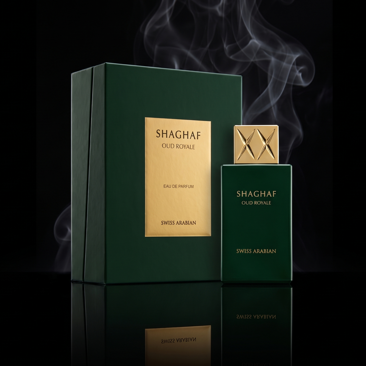 Eau de parfum unisexe Shaghaf Oud Royale Swiss Arabian mise en valeur dans un décor oriental luxueux