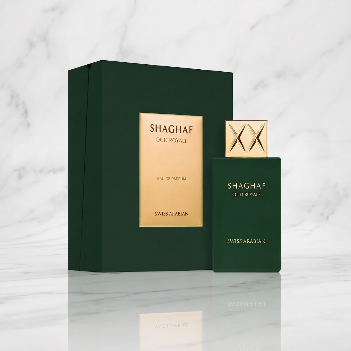 Flacon de parfum Swiss Arabian Shaghaf Oud Royale Eau de Parfum 75ml sur fond sobre NEWREINE Lyon