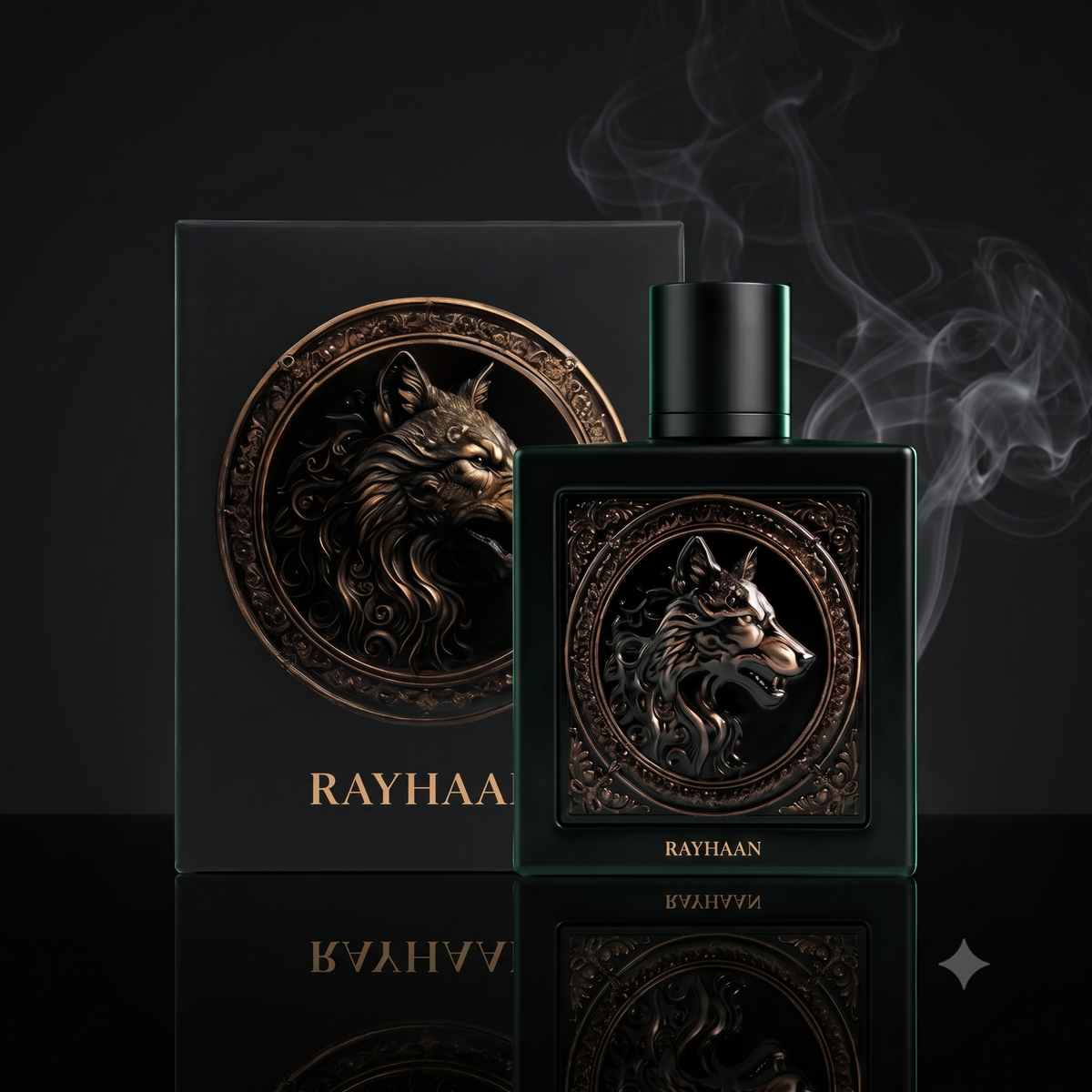 Ambiance prestigieuse autour du parfum Wolf de Rayhaan chez Newreine Lyon.