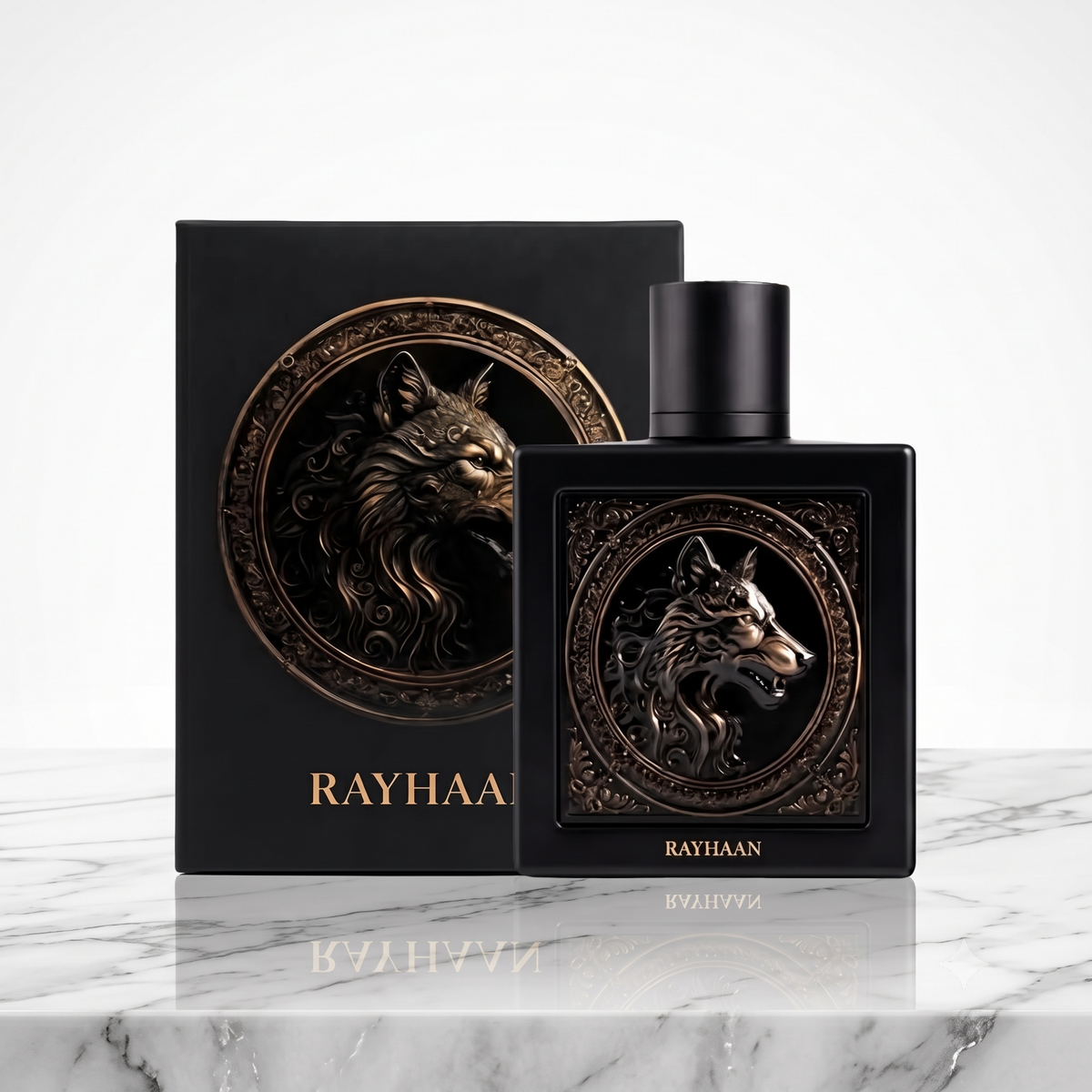 Flacon sombre du parfum Wolf de Rayhaan, élixir de haute